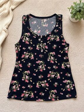 🖤Pulse Boutique Promise Me Forever Floral Ribbed Tank Top Black Pink Medium NWOT